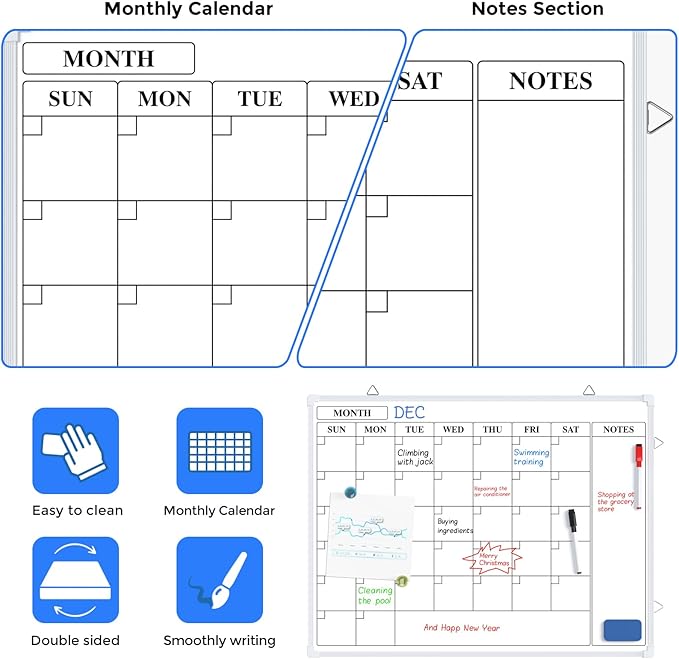 MaxGear Monthly Calendar Dry Erase Board for Wall, 24"x18" Magnetic Double-Sided White Board, Hanging Whiteboard for Planning, Drawing, Memo, to Do List, School, Home, Kitchen, Office