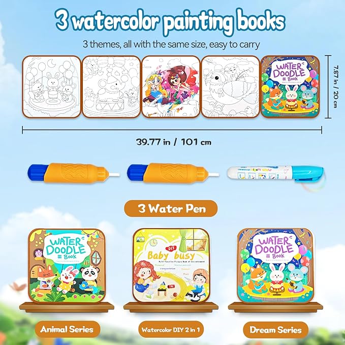 NaTuGi Reusable Magic Water Painting Books for Kids,Coloring Books for Toddler,Busy Book,3 Themes,No Mess Paint Coloring,for Ages 3+,Gift for Boys & Girls Travel Activity Toys (3 Books)