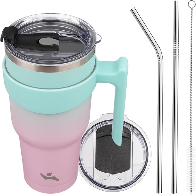 Konokyo 40 oz Tumbler with Handle and 2 Straw 2 Lid, Insulated Water Bottle Stainless Steel Vacuum Cup Reusable Travel Mug,Gum