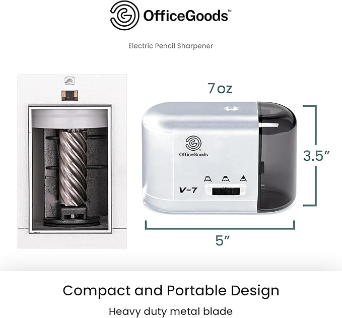 OfficeGoods Electric Pencil Sharpener - Battery or Cord Powered Portable Sharpener - Perfectly Sharpens Colored Pencils, Drafting Pencils for Kids, Adults, Office, School and Home - Silver