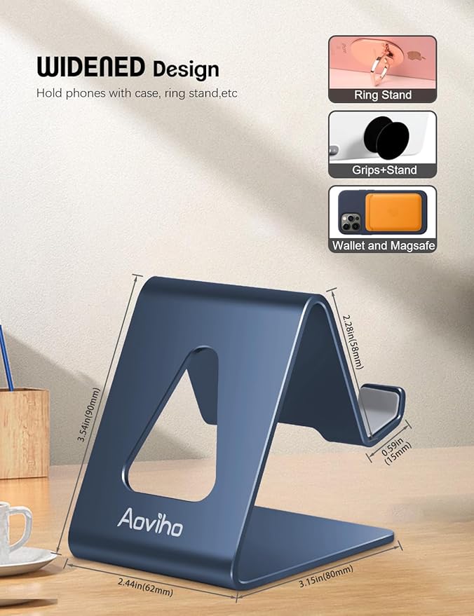 Aoviho Desk Cell Phone Stand Phone Holder - Aluminum Phone Cradle Dock for iPhone 13 12 pro 11 X Xs max 8 7 6 6s Plus SE 5 5s SE Samsung, All Smart Phones (Navy Blue)