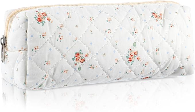 Cute Pencil Case, Aesthetic Flowers Pencil Pouch, Portable Pen Bag Wide Opening, Soft Quilted Pencil Pouch Organizer with Zipper for Office College Storage Makeup Pouch