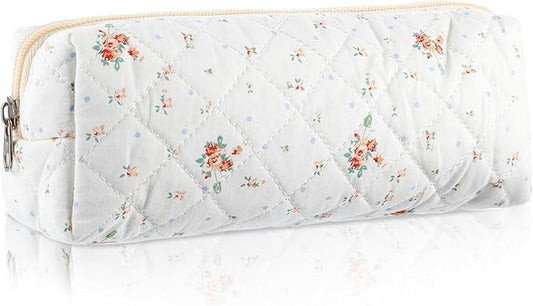 Cute Pencil Case, Aesthetic Flowers Pencil Pouch, Portable Pen Bag Wide Opening, Soft Quilted Pencil Pouch Organizer with Zipper for Office College Storage Makeup Pouch
