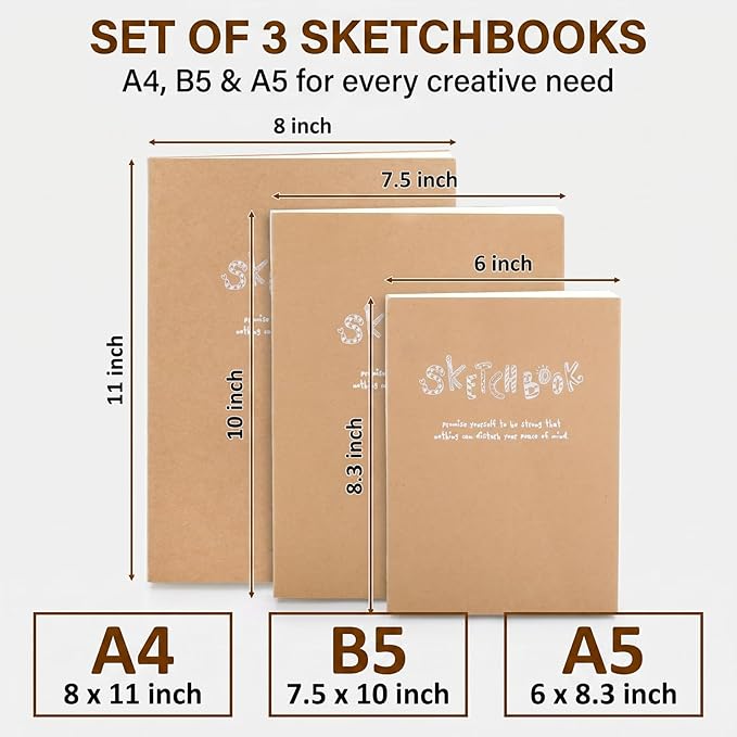 Elsjoy Set of 3 Kraft Sketchbook & Drawing Notebook, A5/A4/B5 Sketch Book Travel Journal Notebook with Thick Paper for Drawing & Sketching, 128 Sheets/256 Pages