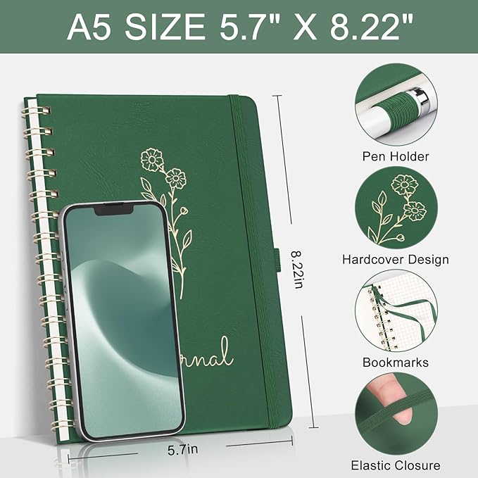 EMSHOI Graph Notebook Spiral Notebook, 140 Pages, A5 Small 5.7"x8.22", 100 GSM Thick Paper, PU Leather Hardcover, 5mm Grid Notebook for Work School Math Engineering Writing Graphing, Dark Green