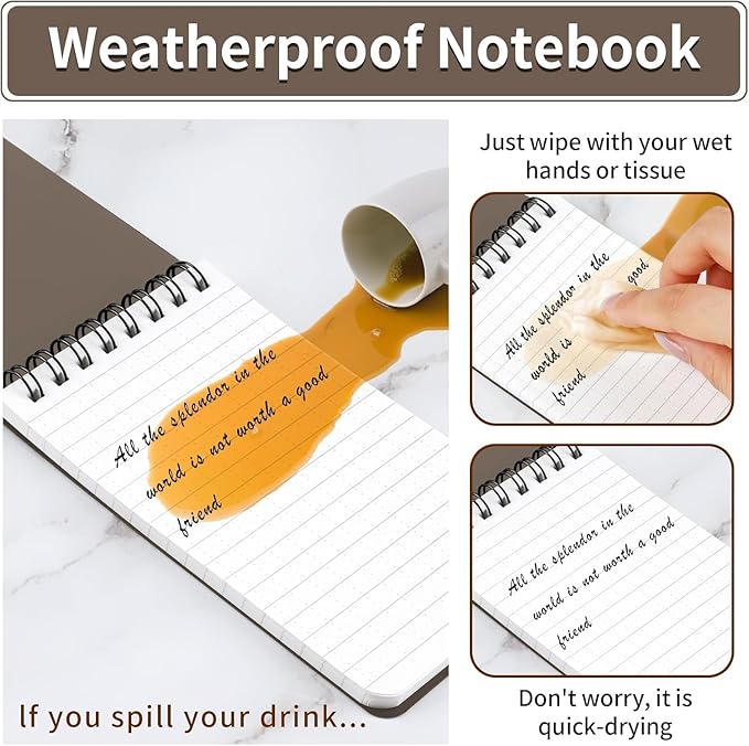 COIDEA Waterproof Notebook, 4 Pack Top-Spiral Pocket Notepad, 3" x 5" Weatherproof NotePad, All Weather Police Pocket Notebook Little Memo Steno Note Pads for Outdoor Office School Recording, Brown