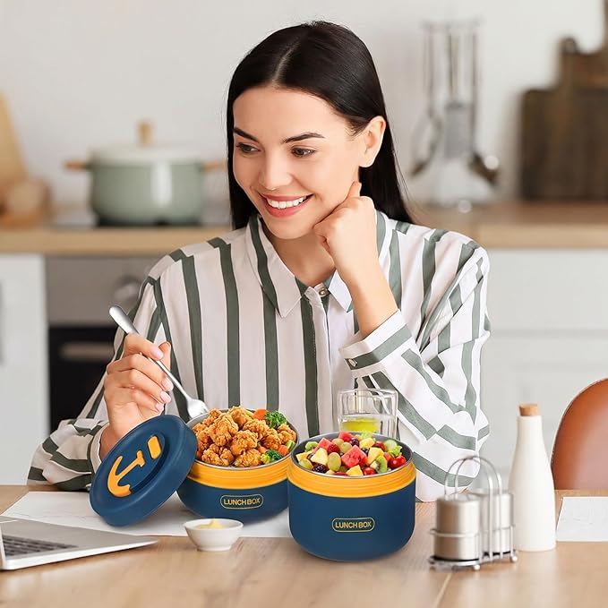 Dandat 2 Pcs Portable Insulated Lunch Containers Thermal Bento Box with Bag Fork Knife Microwavable Stainless Steel Lunch Box 15.2 oz 21 oz Separate Stackable Food Jar for Adult Men Women(Navy Blue)