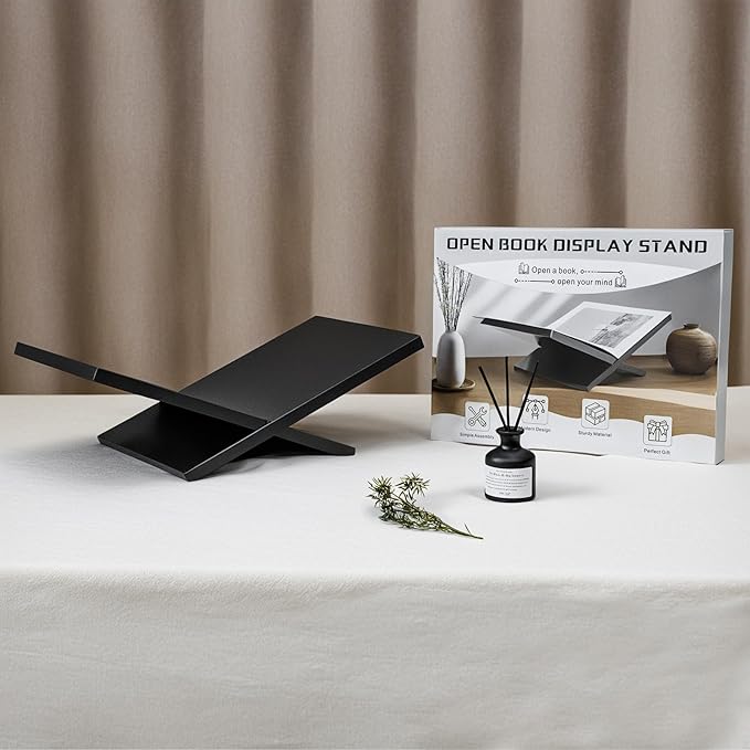 PUERSI Open Display Stand, Wooden Large Book Holder, Coffee Table Stand, Wood Easel for Magazine, Art, Cook Book, Bible, Quran - Black