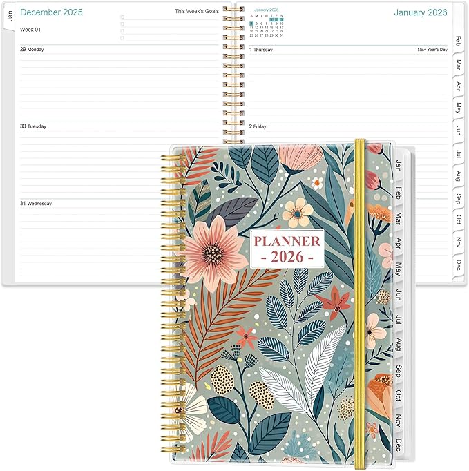 2026 Planner - Planner 2026 from January 2026 to December 2026 with 12 Monthly Tabs, Flexible Cover, Inner Pocket, 8.5" x 11", Flower-A