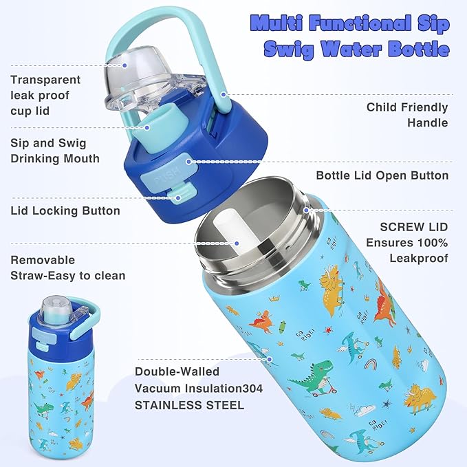 Bento Lunch Box for Kids with 7oz Soup Thermo,Insulated Stainless Steel Kids Water Bottle with Straw and Insulated Lunch Bag,Leak-Proof Lunch Food Container with Ice Pack for School (Blue-Dinosaur)