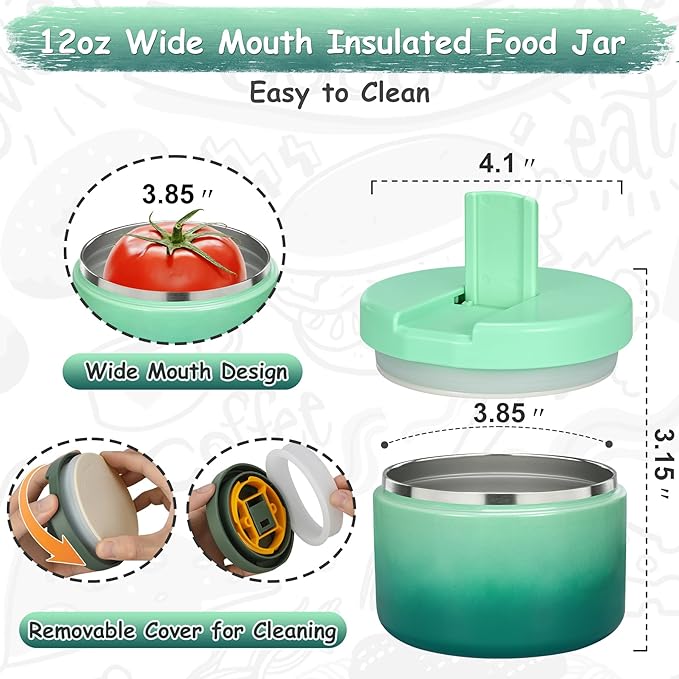 Pawtong 12oz Insulated Vacuum Food Jar with Buckle Lid Wide Mouth Soup Thermo for Hot Food Kids Leakproof Stainless Steel Lunch Container (Gradient Green, 12OZ)
