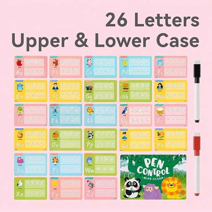 Reusable Alphabet Tracing Book for Kids, 30 Pages ABC Writing Practice with Dry-Erase Markers, Montessori Travel Toy for Preschool Learning (Animals & Letters)