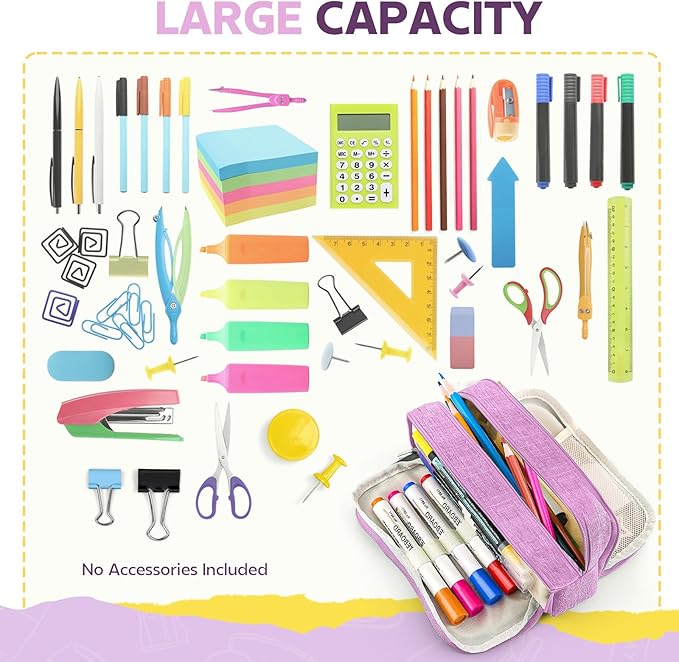 Large Capacity Pencil Case Pencil Pouch Pen Bag with 3 Compartment Stationery Organizer with Zipper, School Supplies Organizer for Teen Adults (Purple)