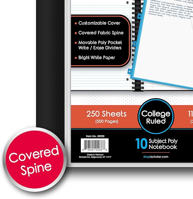 IQ+ iScholar iQ+ Poly Cover 10 Subject Notebook, College Ruled, 11 x 8.5 Inch, 250 Sheets, Blue (58900-BL)