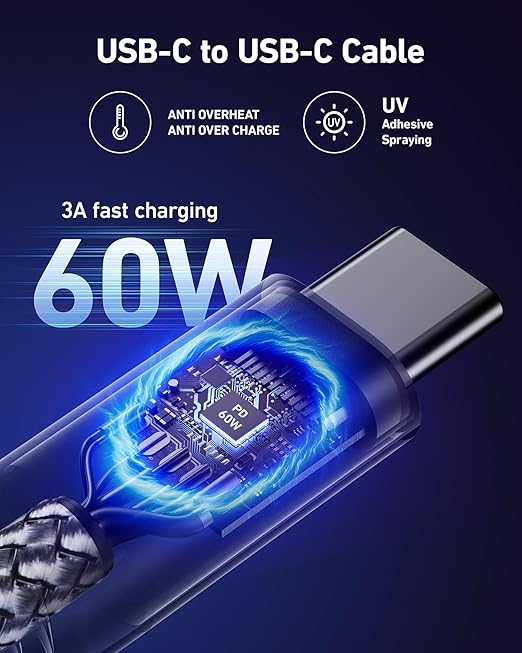 Short USBC to USBC Cable 1FT, 60W USB Type C Fast Charging Cable for Car, Durable iPhone USB C to USB C Charger Cable USB C Cord for iPhone 17/16/15/Pro Max/Plus, Samsung Galaxy S26 and More-2Pack