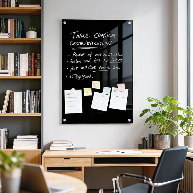 Black Dry Erase Board, 24" x 18" Magnetic Large Black Glass Board Frameless Wall Mounted Glass Whiteboard for Office, School & Home with 1 Acrylic Marker Tray & 3 Strong Magnets