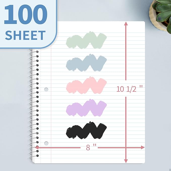 SUNEE Spiral Notebook, 1-Subject, College Ruled Paper, 8" x 10-1/2", 100 Sheets per Notebook, 3-Hole Punched Paper, Water Resistant Cover, Double-sided Pockets, Grey Blue