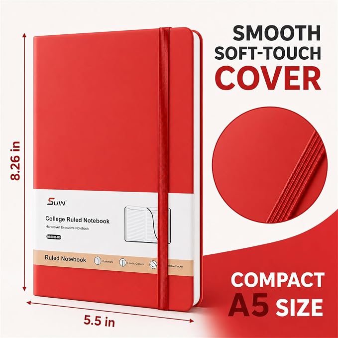 SUIN 6 Pack A5 Hardcover Lined Journal Notebooks, 6 Colors, 200 Pages Each