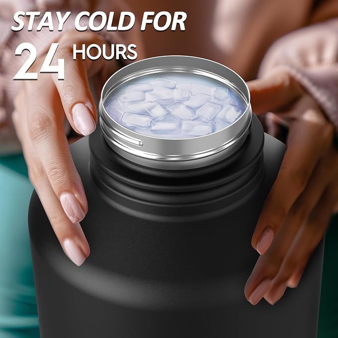 Navigate 64oz Insulated Water Bottle for Sports, Keep Cold 24H | 2-in-1 Spout and Handle Lids, Double Leak-Proof, 18/8 Stainless Steel, BPA-Free, Wide Mouth for Gym and Hiking,Black