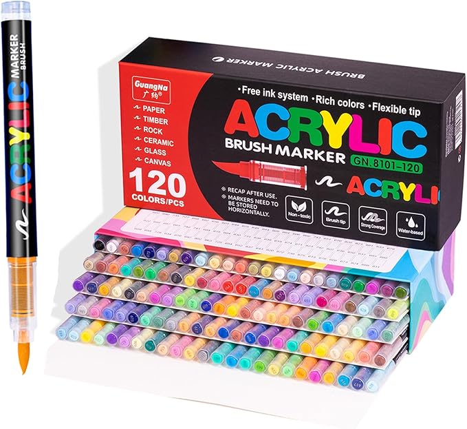 Guangna Acrylic Paint Markers,120 Colors with Direct-Liquid Ink Control System, Professional-Grade Paint Pen for Rock Painting, Canvas, Glass, Plastic, Fabric & Creative Crafts
