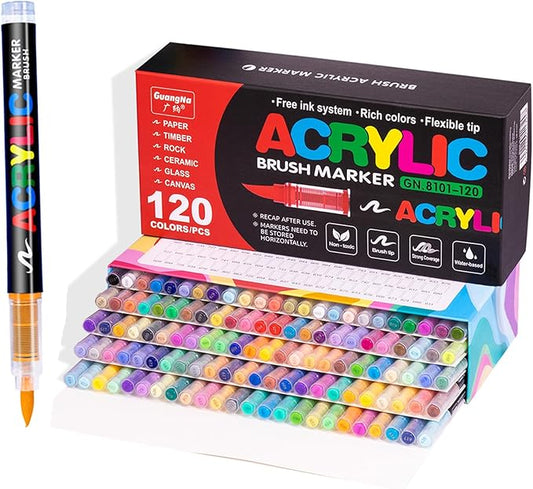 Guangna Acrylic Paint Markers,120 Colors with Direct-Liquid Ink Control System, Professional-Grade Paint Pen for Rock Painting, Canvas, Glass, Plastic, Fabric & Creative Crafts