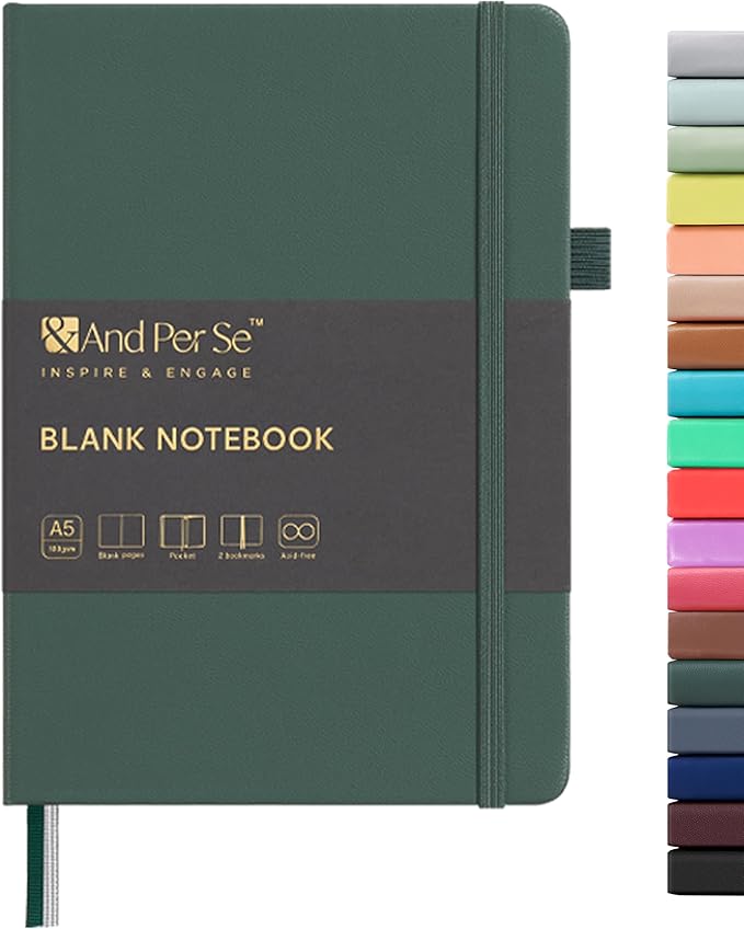 &And Per Se Blank Sketch Notebook, A5 Hardcover, 160 Pages 100gsm Thick Paper, Unlined Journal for Drawing, Doodling, Hand Lettering – Creative Gift for Artists, Designers, Writers (Green)