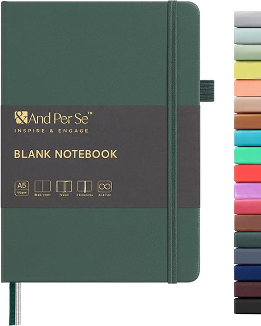 &And Per Se Blank Sketch Notebook, A5 Hardcover, 160 Pages 100gsm Thick Paper, Unlined Journal for Drawing, Doodling, Hand Lettering – Creative Gift for Artists, Designers, Writers (Green)