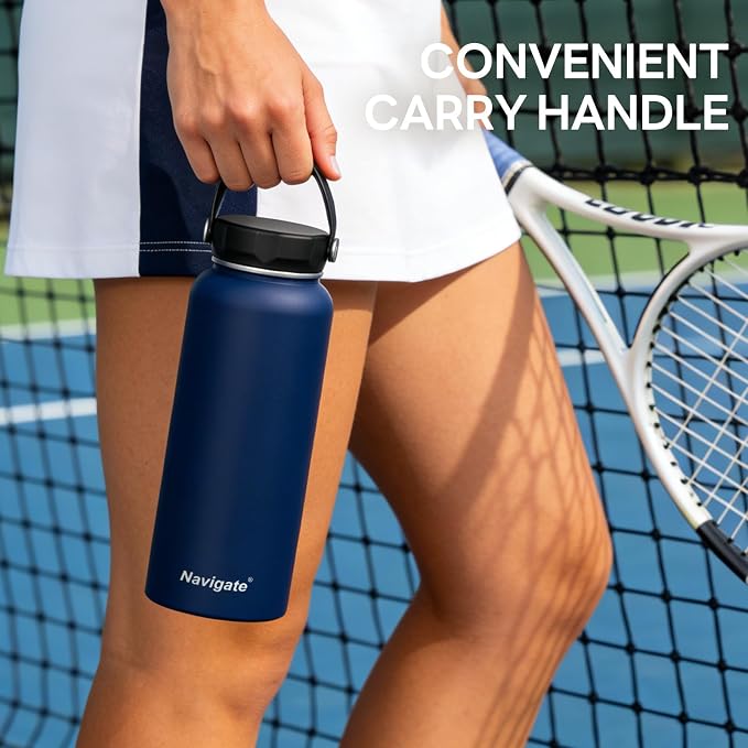Navigate 40 oz Insulated Stainless Steel Sports Water Bottle with Spout & Handle Lids,Wide Mouth Water Jug with Double Walled Leak Proof Keep Cold for 24 Hrs Hot for 12 Hrs,Dark Blue