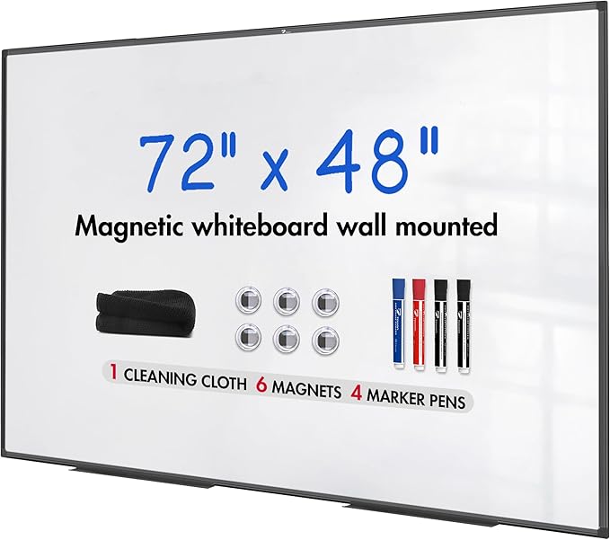 TOWON Black Border Magnetic Dry Erase Board, 72 x 48 in White Board Dry Erase, Aluminum Framed Whiteboard for Wall, XL Dry Erase Board Wall Mounted with Markers, Pen Tray, Magnets, Cleaning Wipe