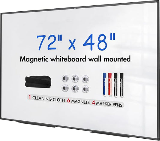TOWON Black Border Magnetic Dry Erase Board, 72 x 48 in White Board Dry Erase, Aluminum Framed Whiteboard for Wall, XL Dry Erase Board Wall Mounted with Markers, Pen Tray, Magnets, Cleaning Wipe