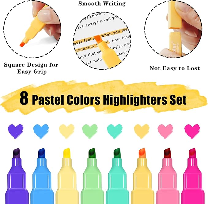 Piochoo Aesthetic Highlighters,8Pcs Chisel Tip Highlighters Assorted Color | Soft Tip,Cute Fast Dry Highlighter for Bible Journaling Planner Notes,Highlighting, Underlining,Back To School Supplies