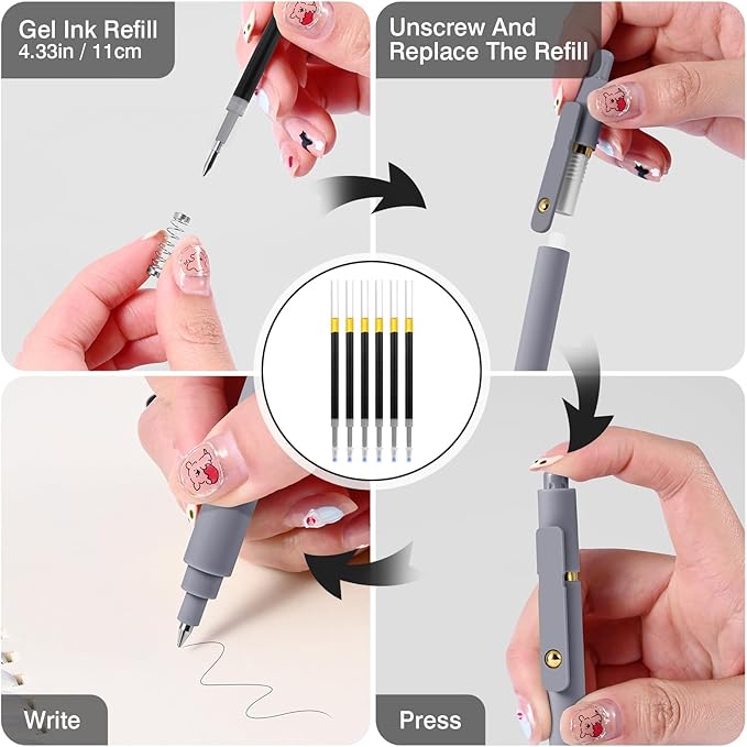 Gel Pens, 6 Pack 0.5mm Fine Point Pen Black Ink with 6 Refills, Quick Dry & No Smear, Smooth Writing Pens for Journaling, Back to School Supplies Office Desk Accessories Gifts for Nurse Women