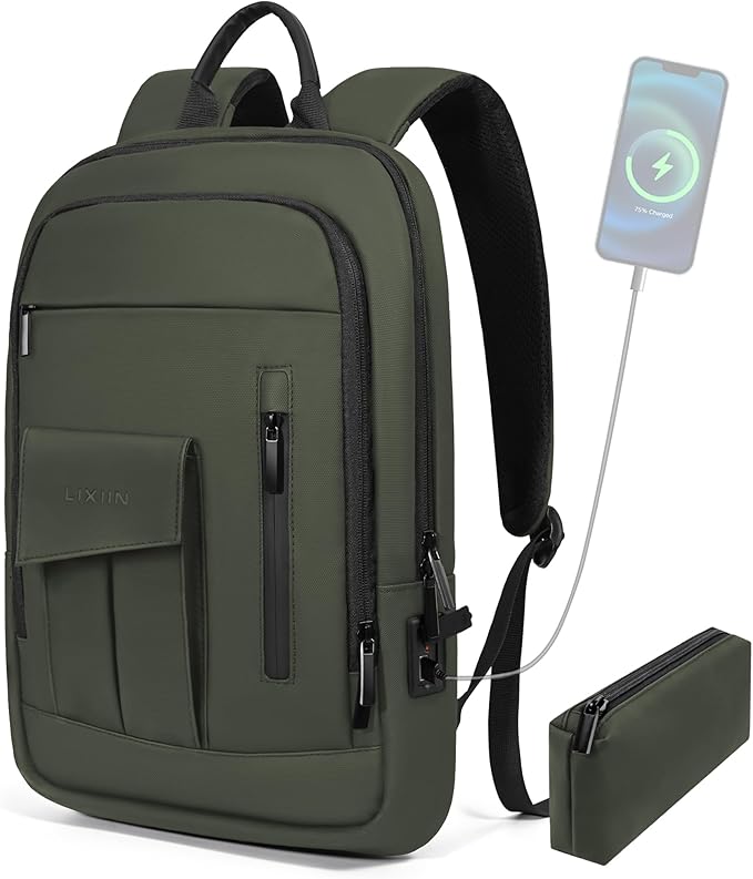 Business Backpack for Men Slim Lightweight Laptop Backpack Water Resistant Small Office Backpack for Commute Travel Daily Office Work with Small Bag (Green, 15.6")