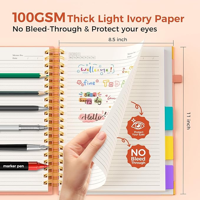XYark A4 Hardcover Spiral Notebook, 8.5"x11" College Ruled Notebooks with Removable Dividers Tabs & Ruler, 5 Subject Notebook 300 Pages, Large Lined Journal for Women School Work Office, Light Pink