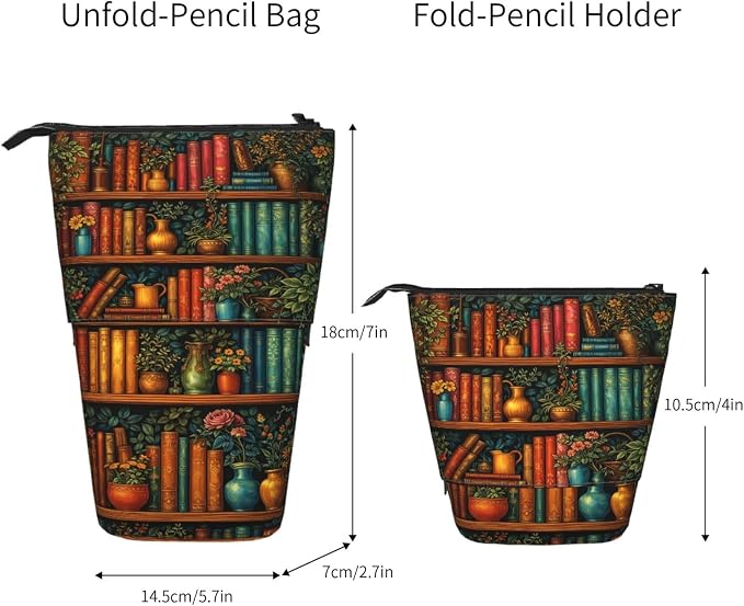 Bookshelf Plant Kids Standing Pencil Case Girls Boys Telescopic Stationary Pouch with Zipper Large Capacity Stand up Pen Bag Portable Makeup Holder for Children School Students Office Supplies