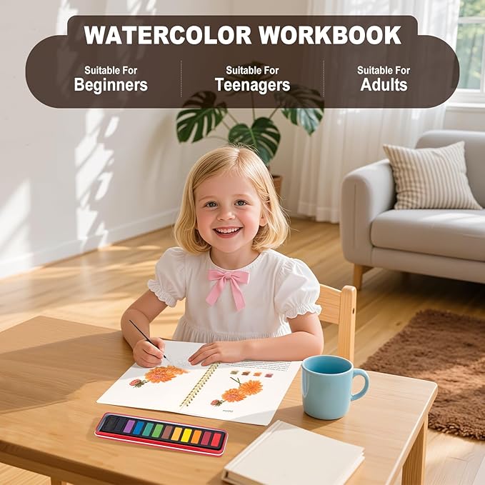 Metyond Beginner Watercolor Workbook Kit - Watercolor Painting Kit with 1 Workbook 12 Colors Paint Set with Brush, Beginner Friendly Watercolor Paint Set Gift for Adults Teens (Flowers)