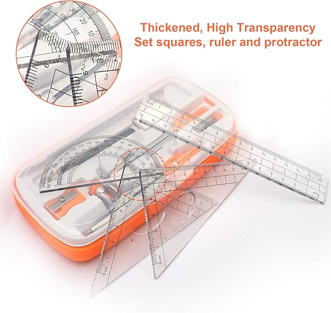 Akuoly Geometry Compass Set 2 Drafting Compasses with Maths Protractor Set Squares Ruler and More for Students Starters Homework etc. Orange