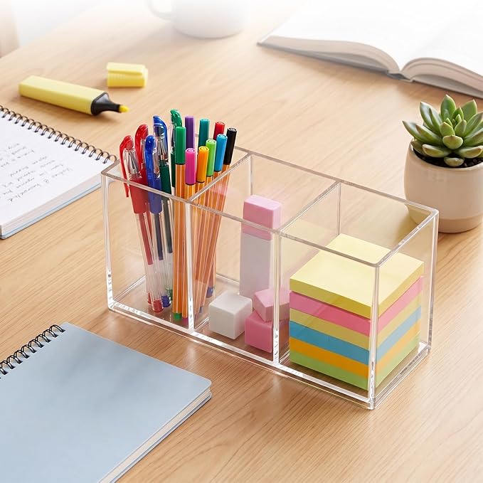 Acrylic Pen Holder, Clear Makeup Brush Holder for Vanity, 3-Compartment Desk Organizer for Office and Bathroom, Pencil Cup Stationery Organizer
