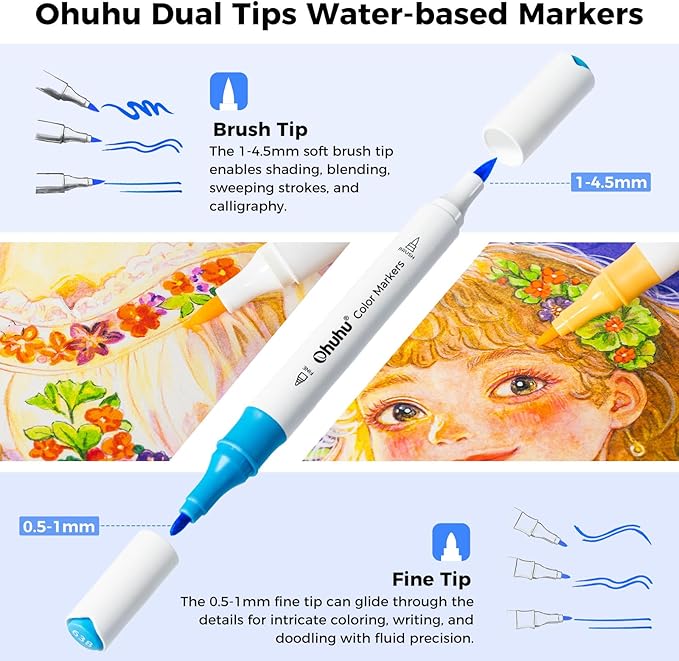 Ohuhu Markers for Adult Coloring Books No Bleeding 64 Colors Brush & Fine Water-based Coloring Markers Dual Tips Drawing Pens for Kids Adults Beginners Lettering Journaling