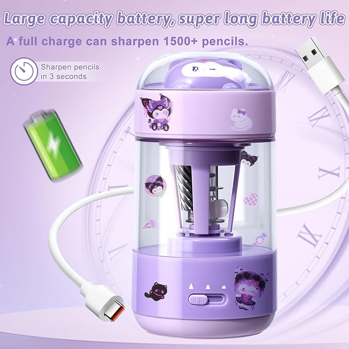 Rechargeable Automatic Electric Pencil Sharpener, Auto in & Out 3 Adjustable Thickness, Type-C Charging, Cute DIY Stickers, for 6-8mm Pencils, 3s Fast Sharpening, Ideal for School & Home (Purple)