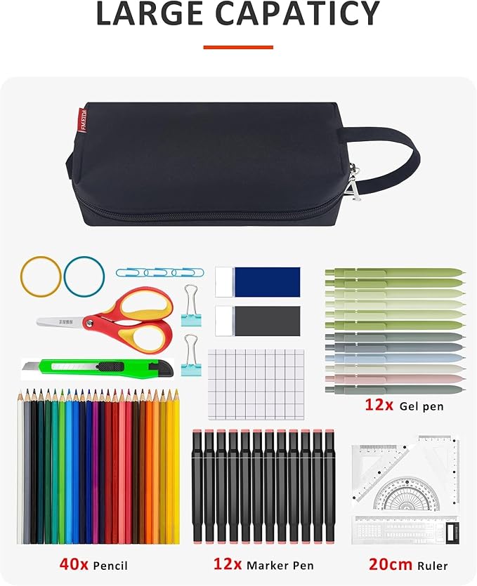 Fmeida Pencil Case Pouch Black - Initial A Zipper Pencil Pouch Portable Pencil Bag Simple Office Stationery Pouch with Handle - Personalized Gift