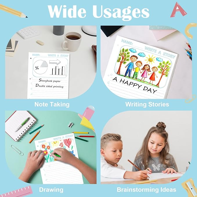 100 Sheets 8.5 x 11" Story Writing Paper for Kids Loose Leaf Draw and Write Paper 3/4" Long Rule Double-Sided K2 Write Story Handwriting Practice Paper Kindergarten Storybook Paper with Lines