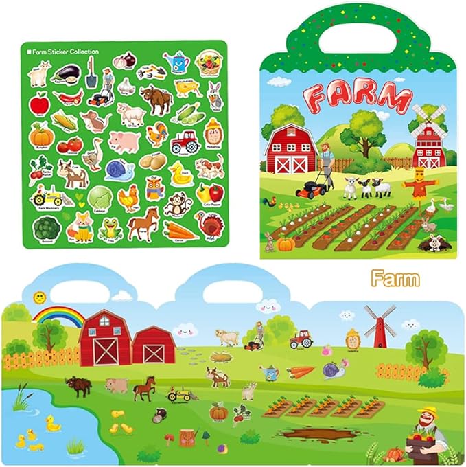 Reusable Sticker Books for Kids, 4 Sets Removable Toddler Sticker Book for Girls Boys Educational Learning Toys - Vehicle, Farm, Dinosaur & Zoo Animal