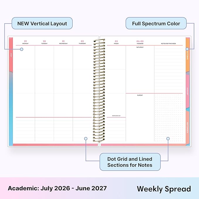 Blue Sky Livewell 2026-2027 Weekly and Monthly Academic Year Planner Calendar, July 2026 - June 2027, 7" x 9", Flexible Cover, Wirebound, Colorful Interior, Laminated Tabs, Storage Pocket, Includes Stickers, Charmie
