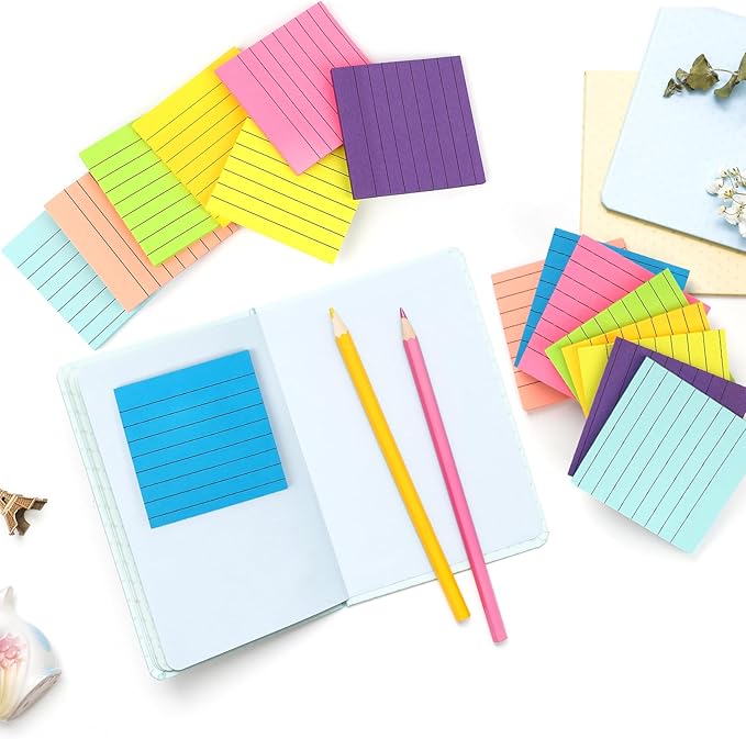 40 Pack Lined Sticky Notes 3x3 Inch, Ruled Stickies Super Sticking Power Memo Pads, 8 Bright Colorful Post It Notes for Office, Home, School, Meeting