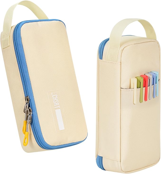 ECHSRT Large Capacity Pencil Case with Hidden Pocket, 1200D Oxford Fabric Zipper Pencil Pouch with Handle, Multi-Pocket Stationery Organizer for Office, College, Travel and Daily Carry, Beige