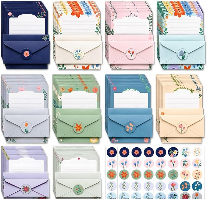 250Pcs Cute Stationery Paper and Envelope Set with 100 Letterhead Papers and 50 Envelopes,10 Design for Letter Writing Invitations Computer Holidays Party Notes, 8.5x11 Inch- Lined Flower