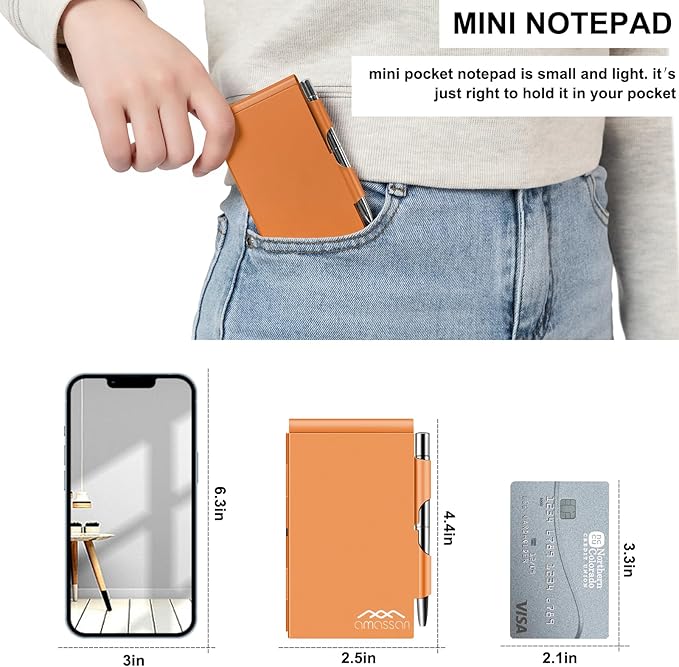 amassan Metal Small Notebook, Mini Notepad, Small Pocket Notepad Aluminum Note Case with Mini Metal Pen and 60-Page Sheets - Memo Books Note Pads(Gold)