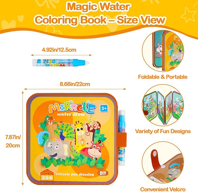 Zoo Water Coloring Book Toy for Toddler–Reusable Water Painting Book with Water Pen,Mess Free Coloring Magic Water Book for Kids,Preschool Educational Drawing Travel Toys for Boy/Girl Age 3+