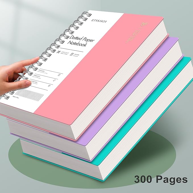 EMSHOI Dotted Journal Spiral Notebook, 300 Pages, B5 Large 7.48"x10.15", 100 GSM Thick Paper, Flexible Plastic Cover, 5mm Dot Grid Notebook for Journaling, Planning, Drawing, Writing, Pink